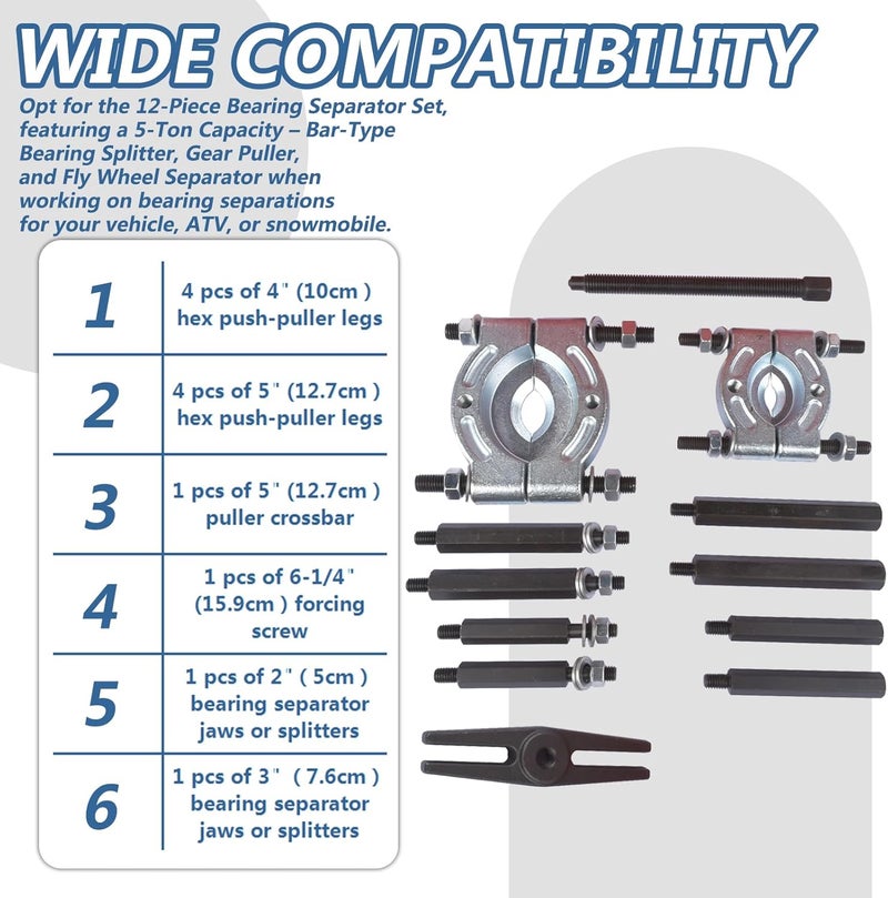 Bicos 12pcs Bearing Separator Puller Set, 5-ton Capacity Heavy Duty Flywheel Separator Tool with 2" and 3" Jaws, Wheel Hub Axle Puller Set, Gear Puller, Storage Case Included - Image 2